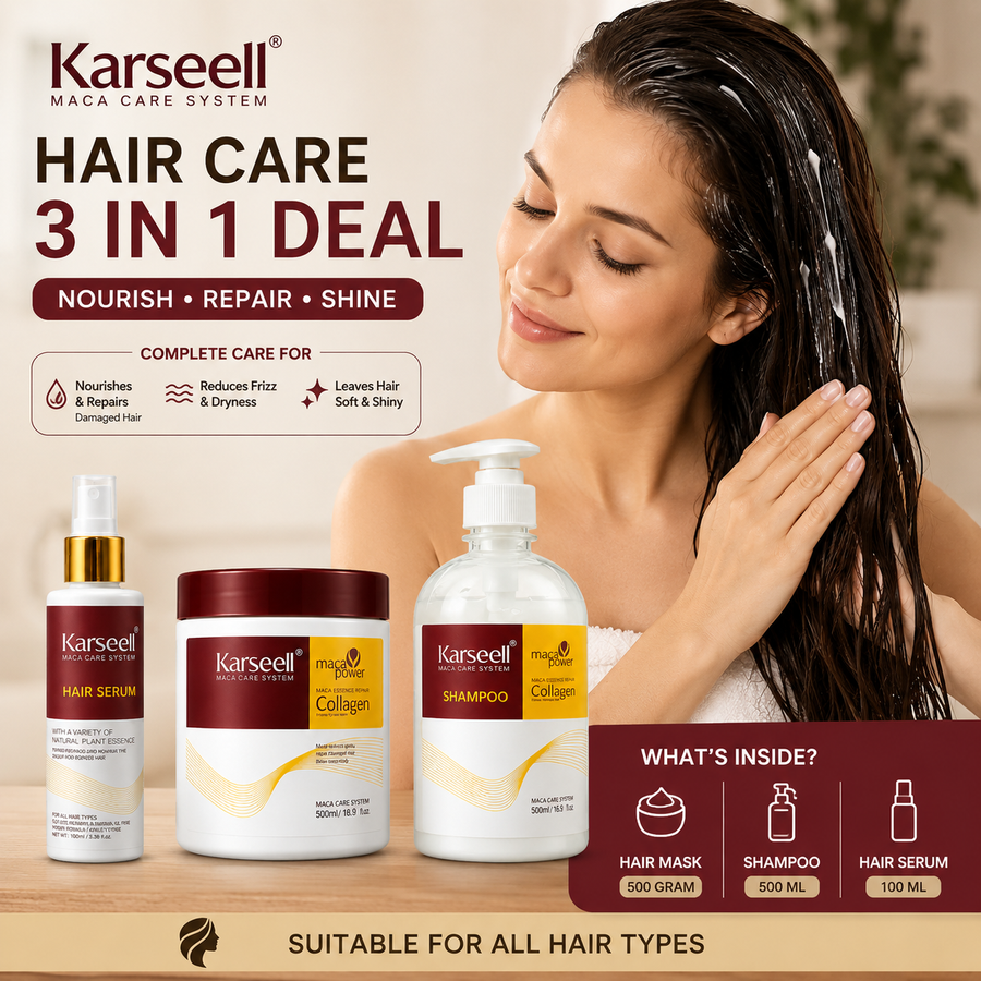 Karseell Maca Collagen Hair Care 3 in 1 Deal – Hair Mask 500g + Shampoo 500ml + Hair Serum 100ml | Professional Hair Repair Bundle for Dry, Damaged & Frizzy Hair