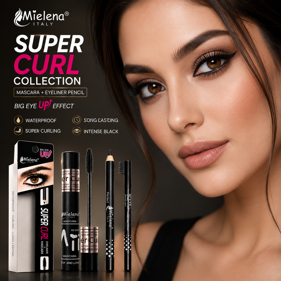 Mielena Italy Super Curl Mascara & Eyeliner Value Bundle – Waterproof, Smudge-Resistant & Long-Lasting Eye Makeup