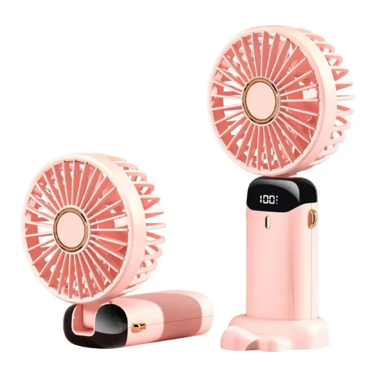 Portable Mini Fan USB Rechargeable – 5 Speed Foldable Handheld Cooling Fan with LED Display Screen, Neck Hanging Personal Fan & Built-In Phone Stand for Travel, Office, Camping, Outdoor & Home Use