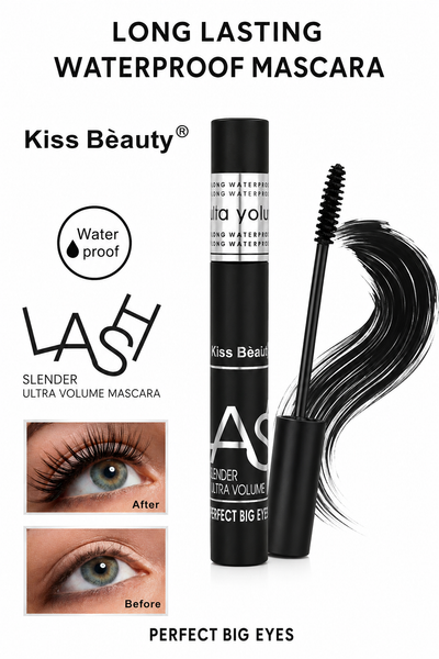 Kiss Beauty Waterproof Mascara – Long Lasting Ultra Volume Black Lash Mascara | Smudge Proof, Curling, Lengthening & Thickening Mascara for Women | Perfect Big Eyes Effect