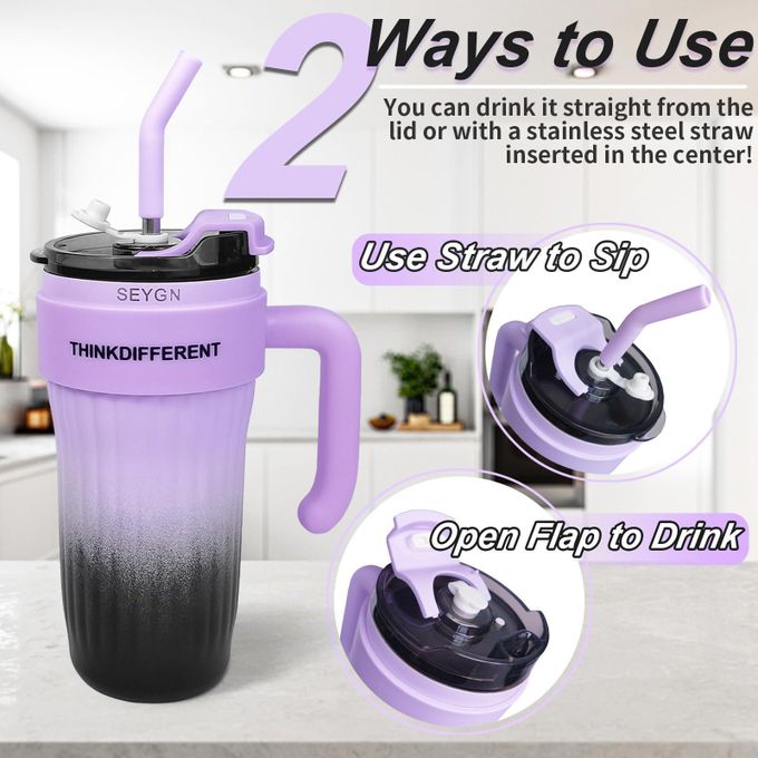 24oz Leakproof Insulated Stainless Steel Tumbler with Handle & Straw – Travel Coffee Mug for Hot & Cold Drinks