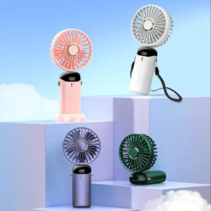 Portable Mini Fan USB Rechargeable – 5 Speed Foldable Handheld Cooling Fan with LED Display Screen, Neck Hanging Personal Fan & Built-In Phone Stand for Travel, Office, Camping, Outdoor & Home Use