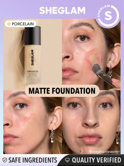 SHEGLAM Complexion Pro Matte Foundation | Long-Lasting Full Coverage Breathable Liquid Foundation | Shades: Porcelain, Nude & Honey