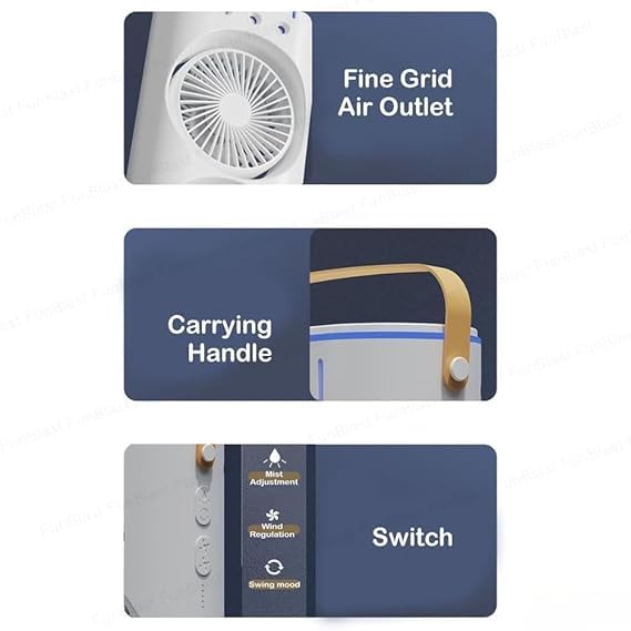Portable Rechargeable Air Cooler Fan with Water Mist Spray, USB Mini Cooling Fan, 3 Speed Modes & 4000mAh Battery for Home Office & Travel