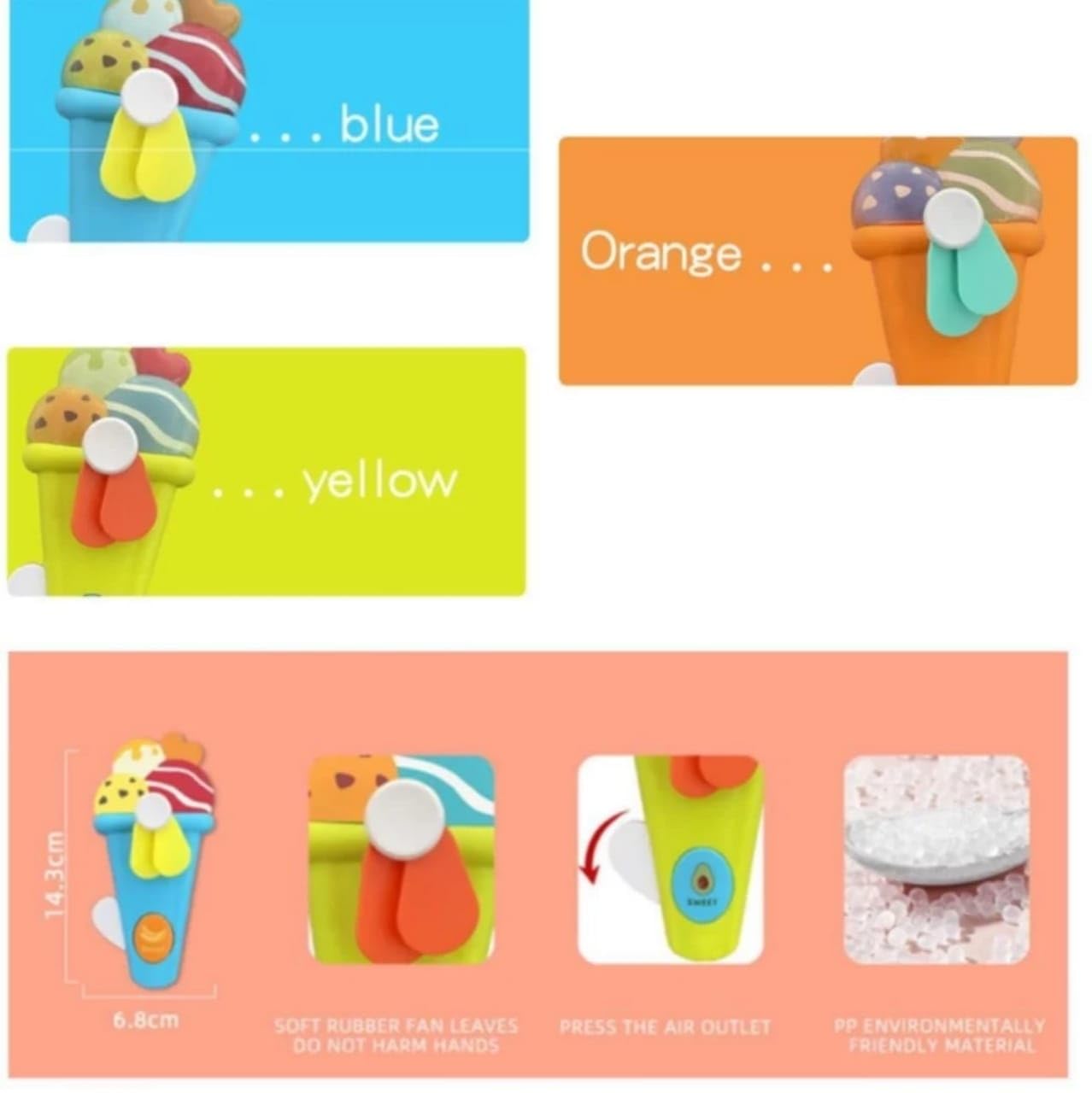 Portable Ice Cream Shape Mini Hand Press Fan Toy for Kids – Cute Handheld Summer Cooling Fan with Safe Soft Blades for Travel, School & Outdoor Use