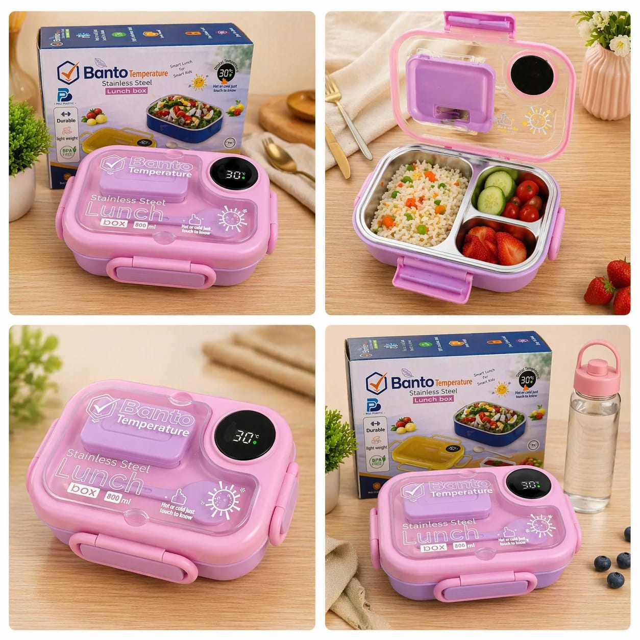 Smart Temperature Display Stainless Steel Lunch Box 800ml Leakproof Bento Box for School Office Travel & Kids Meals