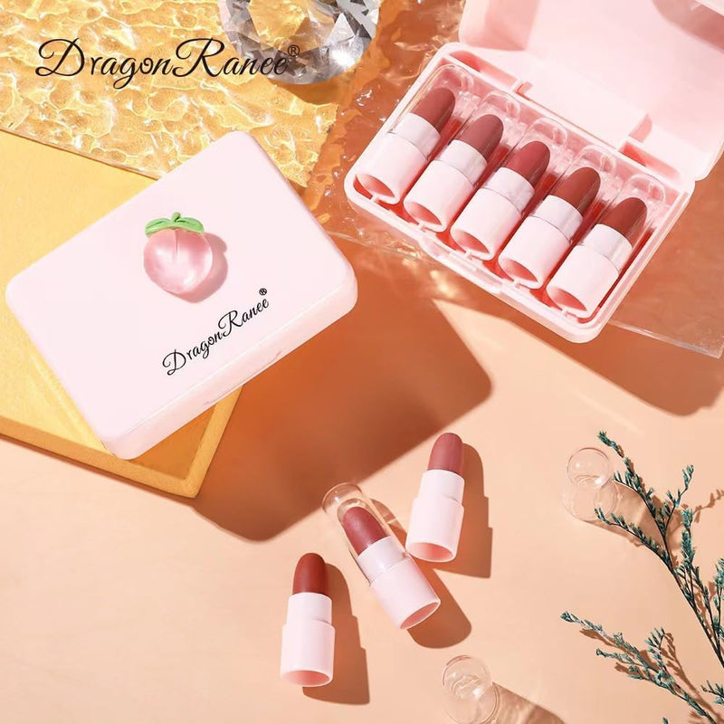 Dragon Ranee 5 Colors Peach Mini Lipstick Set – Long Lasting Waterproof Matte Velvet Nude Lipsticks for Women
