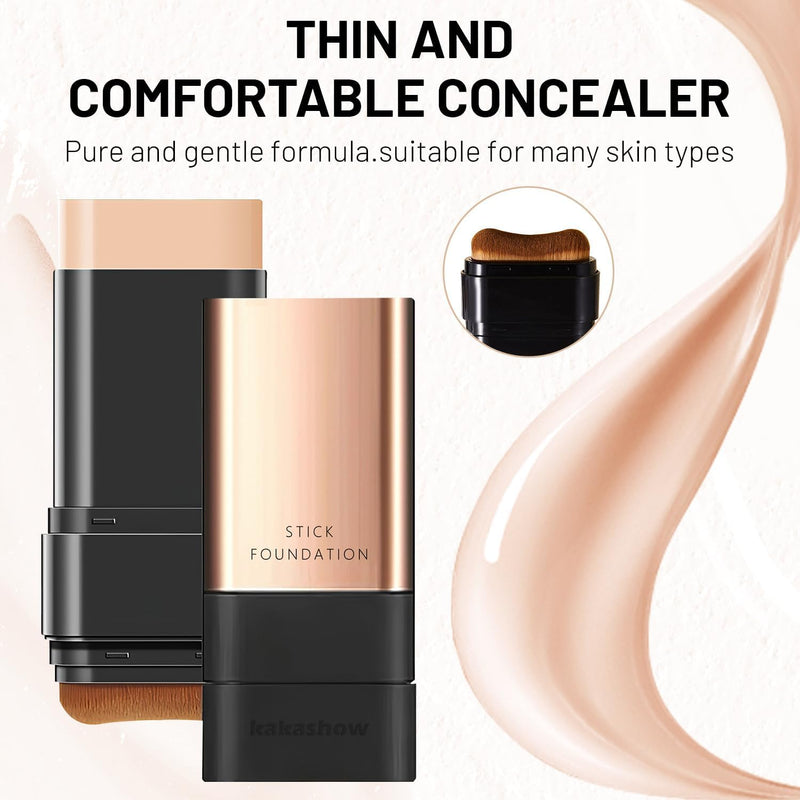 Kaka Show Waterproof Foundation Stick with Built-in Brush | Full Coverage Long Lasting Korean Makeup Foundation & Concealer | Made in Korea