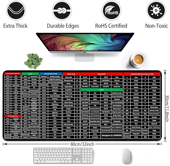 Keyboard Shortcut Extended Desk Mat – Large Gaming & Office Mouse Pad