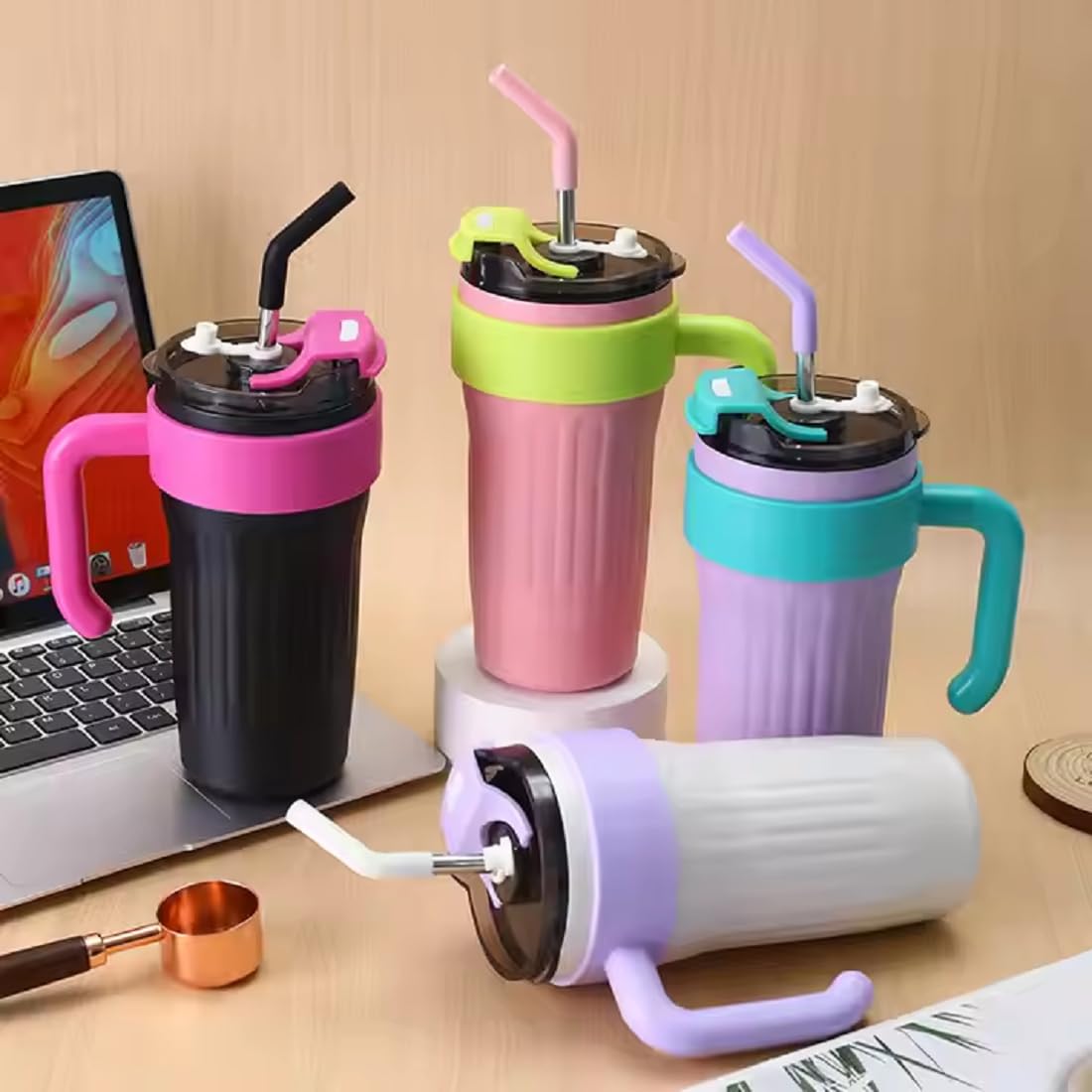 Premium 30oz Stainless Steel Vacuum Insulated Tumbler with Handle & Straw – Leakproof Travel Mug for Hot & Cold Drinks, Reusable Thermal Coffee Cup for Office, Gym, Car & Travel
