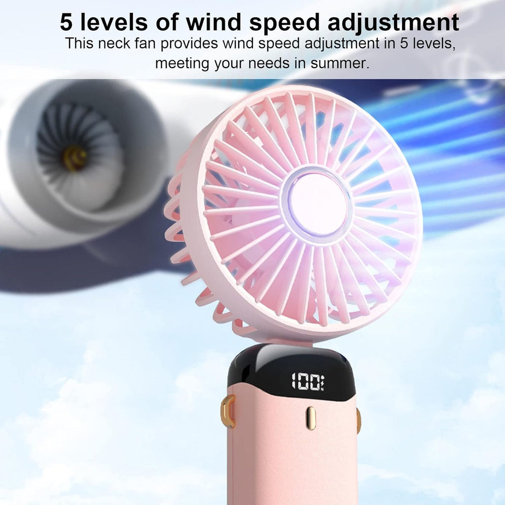 Portable Mini Fan USB Rechargeable – 5 Speed Foldable Handheld Cooling Fan with LED Display Screen, Neck Hanging Personal Fan & Built-In Phone Stand for Travel, Office, Camping, Outdoor & Home Use