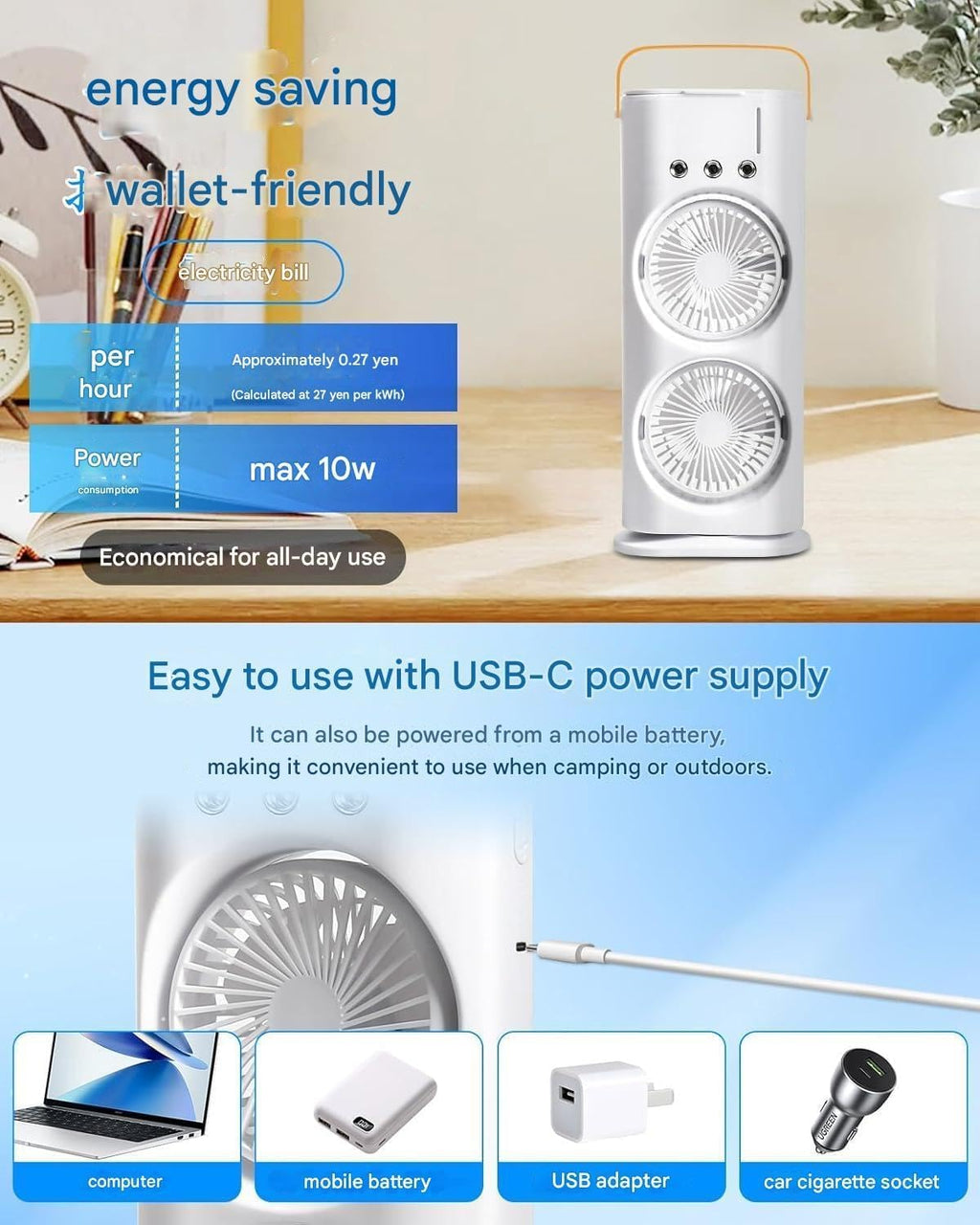 Portable Rechargeable Air Cooler Fan with Water Mist Spray, USB Mini Cooling Fan, 3 Speed Modes & 4000mAh Battery for Home Office & Travel