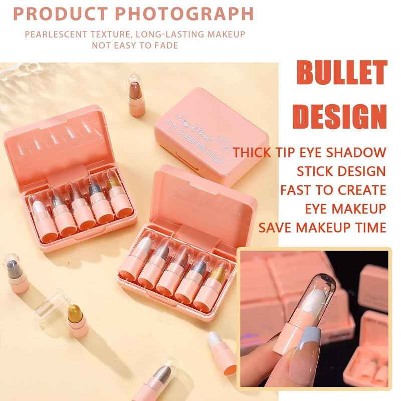 Dragon Ranee Mini Eyeshadow Stick Set 5PCS - Waterproof Long-Lasting Glitter Shimmer Cream Eyeshadow Makeup Kit, Highly Pigmented Eye Shadow Sticks for Women