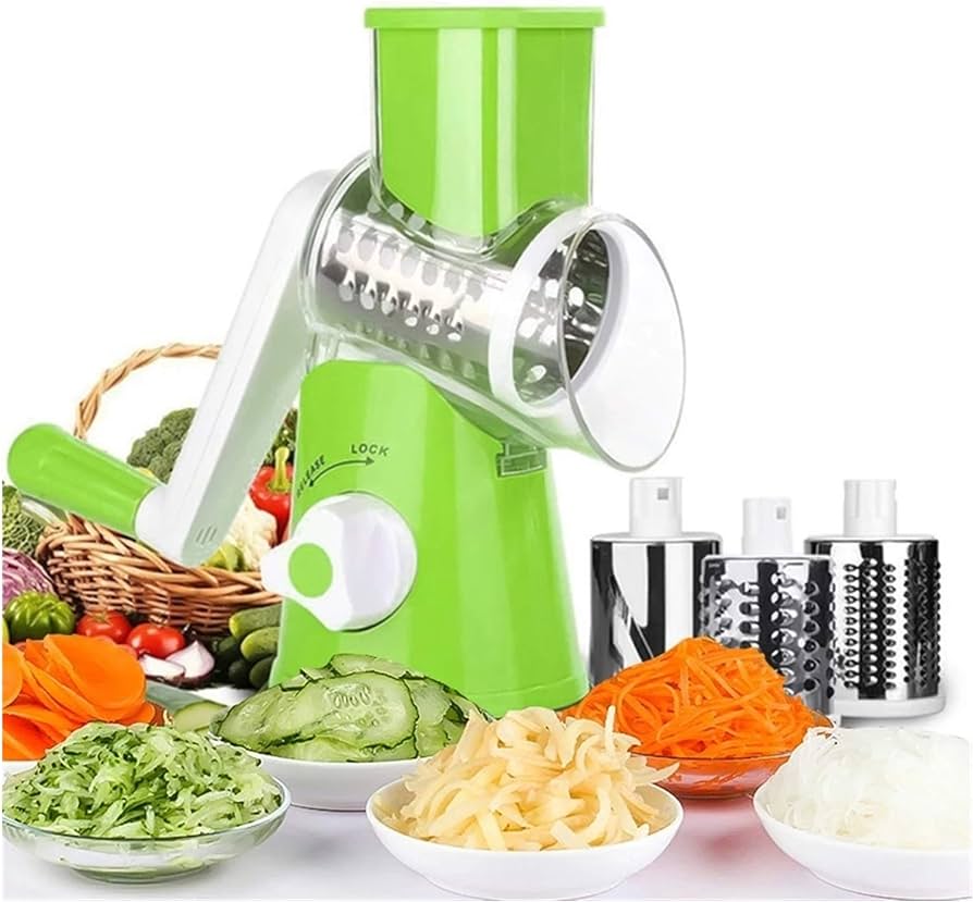3-in-1 Manual Rotary Drum Grater Vegetable Slicer & Cheese Shredder for Kitchen with Stainless Steel Blades