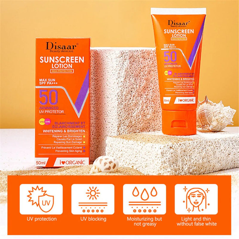 Disaar Sunscreen Lotion SPF 50 PA+++ Broad Spectrum UVA/UVB Protection Face Sunscreen with Vitamin C, Lightweight Moisturizing Formula, 50ml