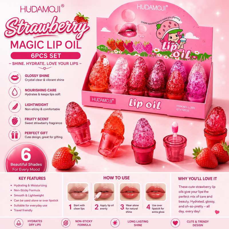 HUDAMOJI Strawberry Magic Lip Oil 6PCS Set | Hydrating Lip Gloss & Moisturizing Lip Care