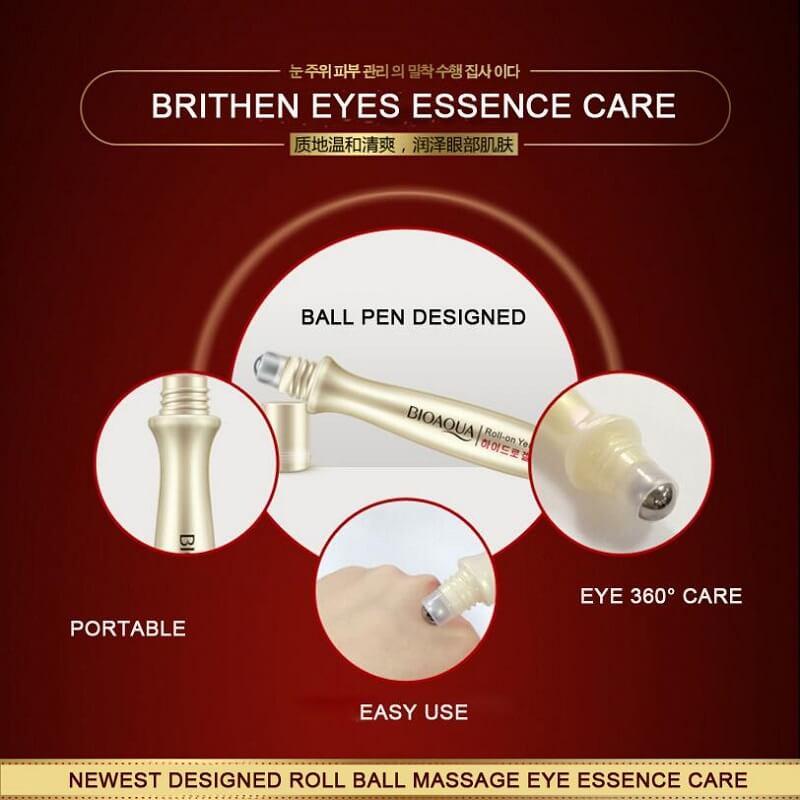 BIOAQUA Roll On Eye Essence Serum with Cooling Metal Roller for Dark Circles, Puffiness, Eye Bags & Fine Lines