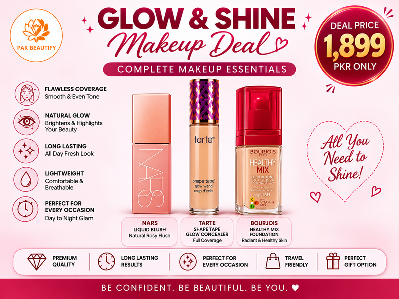 Original NARS Liquid Blush + Tarte Shape Tape Glow Concealer + Bourjois Healthy Mix Foundation – 3 in 1 Makeup Combo Deal