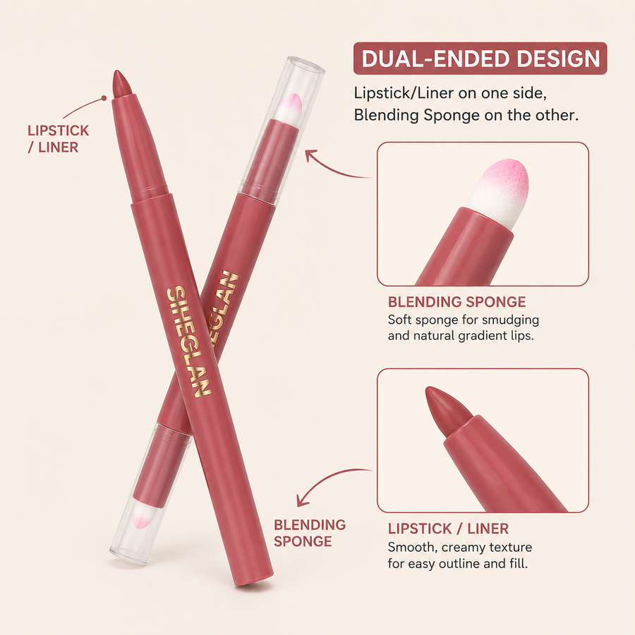 SIHEGLAN 2-in-1 Lip Liner & Lipstick Pencil Set 12PCS | Waterproof Velvet Matte Long-Lasting Lip Makeup with Blending Sponge