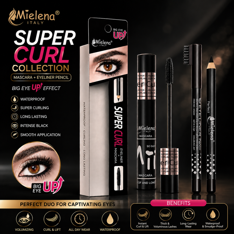 Mielena Italy Super Curl Mascara & Eyeliner Value Bundle – Waterproof, Smudge-Resistant & Long-Lasting Eye Makeup