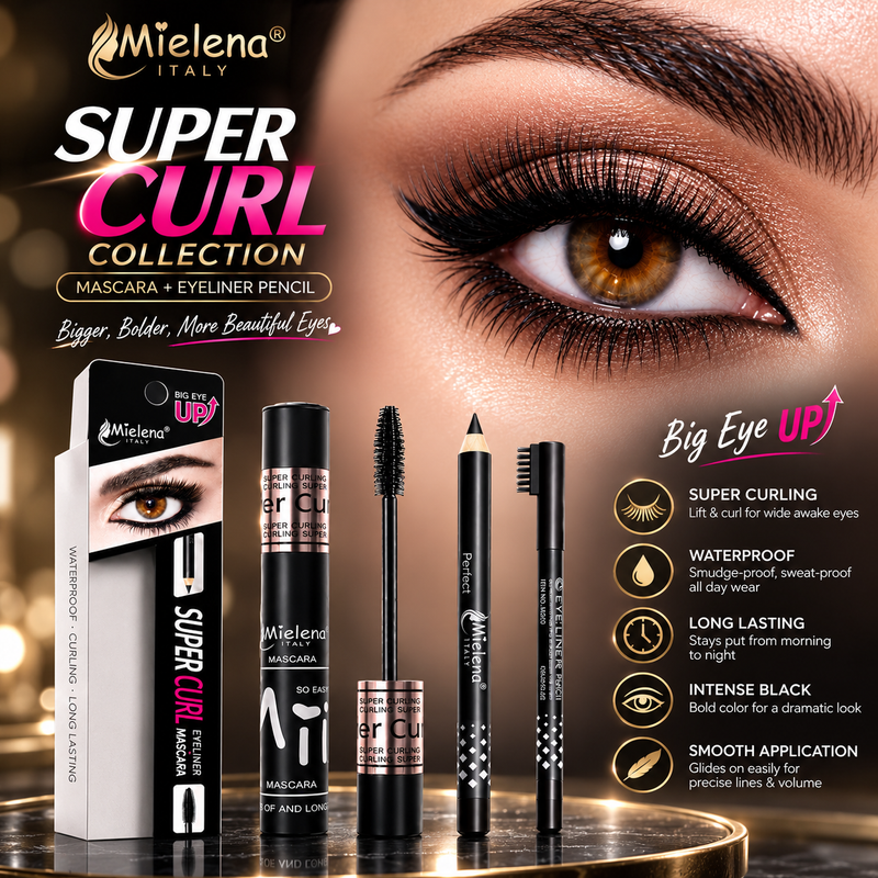 Mielena Italy Super Curl Mascara & Eyeliner Value Bundle – Waterproof, Smudge-Resistant & Long-Lasting Eye Makeup