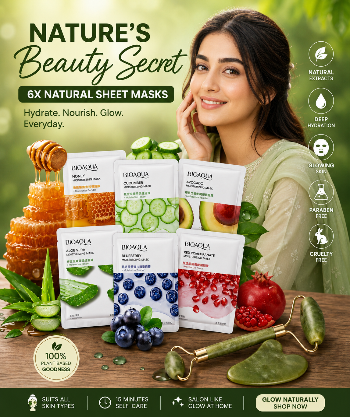 BIOAQUA 6pcs Sheet Mask Set with Jade Roller | Hydrating Skincare Kit