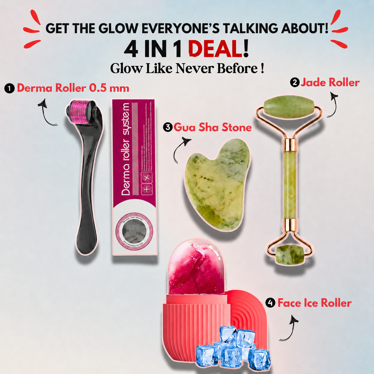 4 in 1 Glow Kit – Jade Roller, Gua Sha, Derma Roller & Face Ice Roller