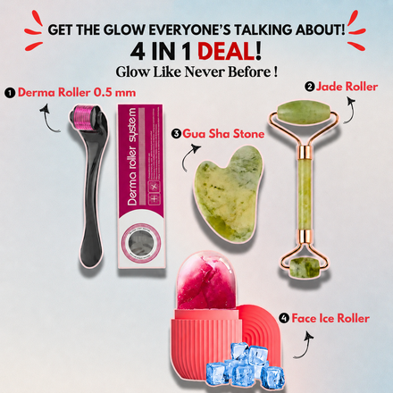 4 in 1 Glow Kit – Jade Roller, Gua Sha, Derma Roller & Face Ice Roller