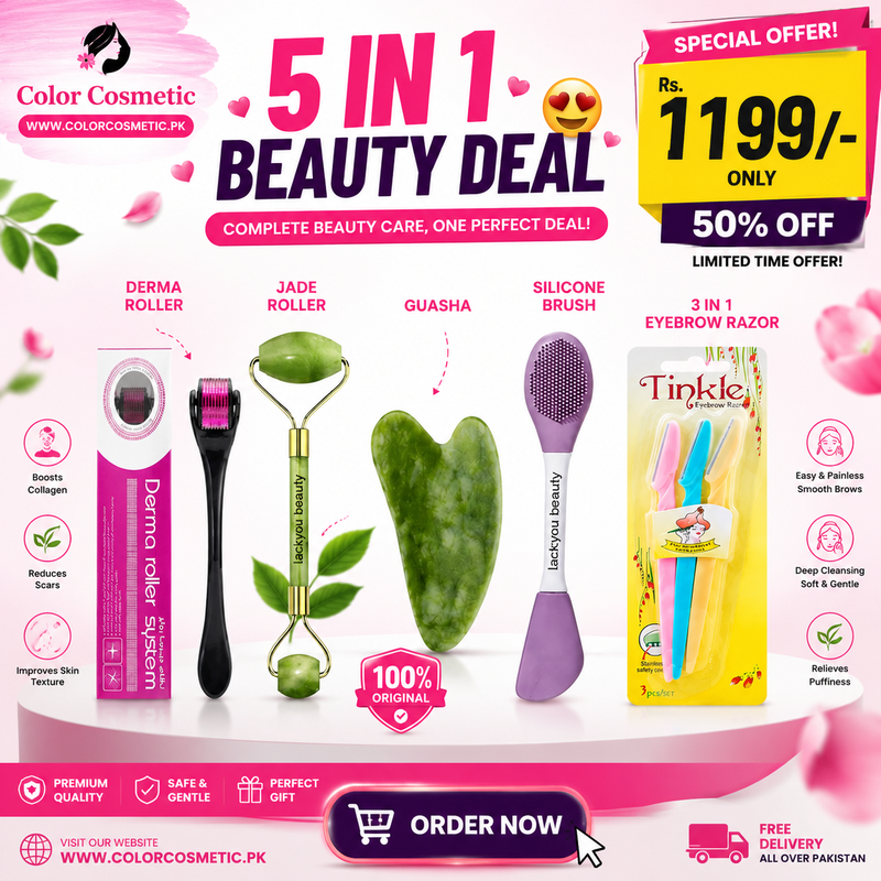 5-in-1 Beauty Kit – Derma Roller, Jade Roller, Gua Sha & Silicone Brush