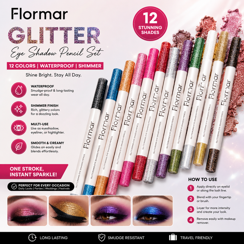 Flormar Glitter Eye Shadow Pencil Set 12 Colors | Waterproof Shimmer Eyeshadow & Eyeliner Pencils | Long-Lasting Metallic Eye Makeup