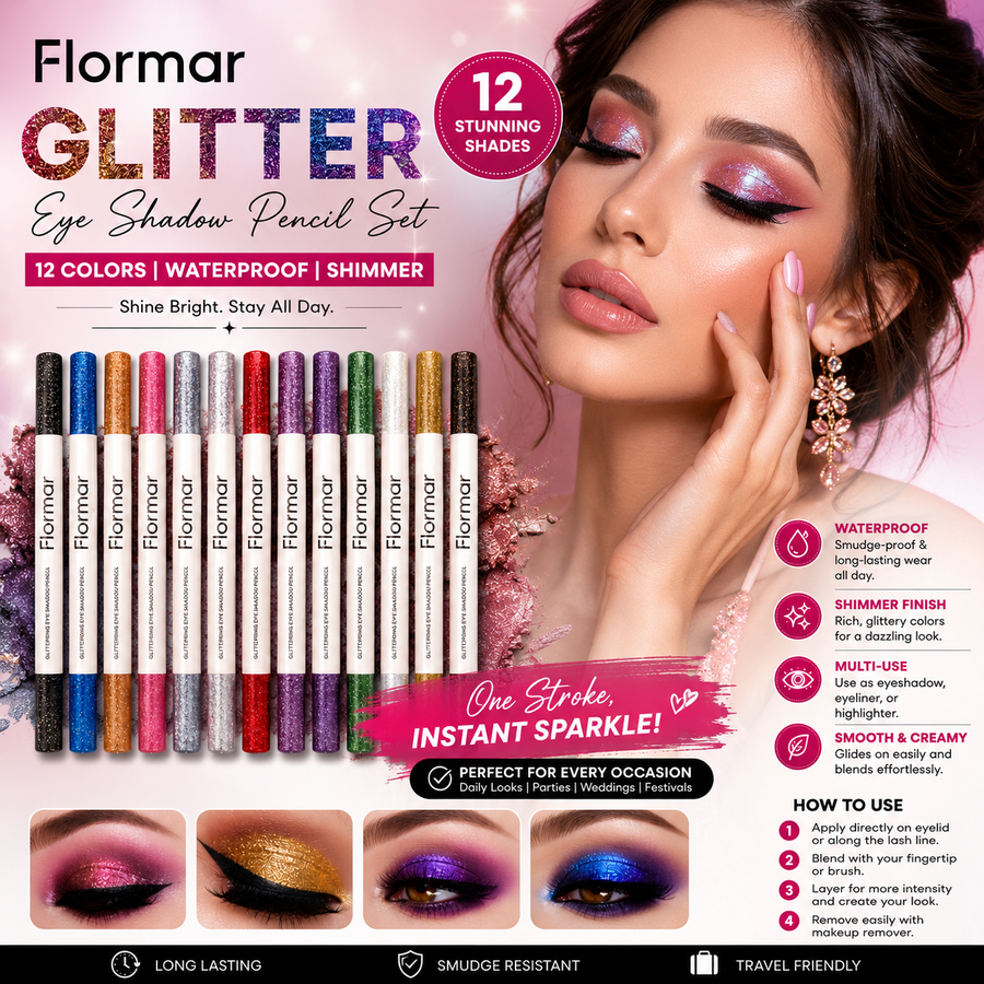 Flormar Glitter Eye Shadow Pencil Set 12 Colors | Waterproof Shimmer Eyeshadow & Eyeliner Pencils | Long-Lasting Metallic Eye Makeup