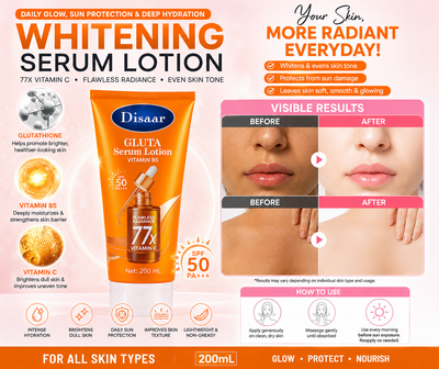 Disaar GLUTA Serum Lotion 200ml | Vitamin C, Vitamin B5 & SPF 50 PA+++ Brightening Body Lotion