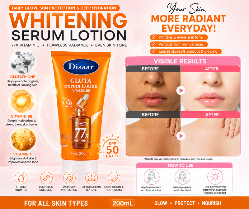 Disaar GLUTA Serum Lotion 200ml | Vitamin C, Vitamin B5 & SPF 50 PA+++ Brightening Body Lotion