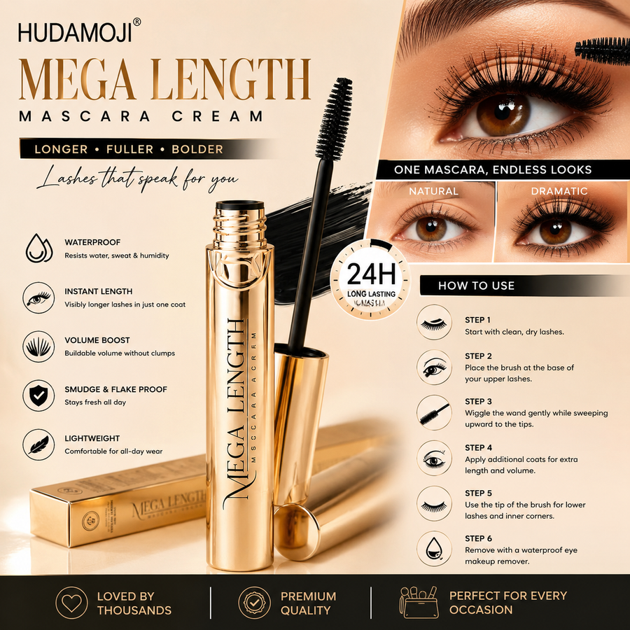 HUDAMOJI Mega Length Waterproof Mascara – Long-Lasting Lengthening & Volumizing Mascara for Fuller, Longer Lashes