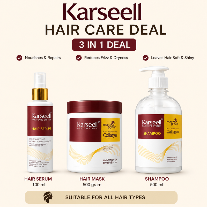 Karseell Maca Collagen Hair Care 3 in 1 Deal – Hair Mask 500g + Shampoo 500ml + Hair Serum 100ml | Professional Hair Repair Bundle for Dry, Damaged & Frizzy Hair