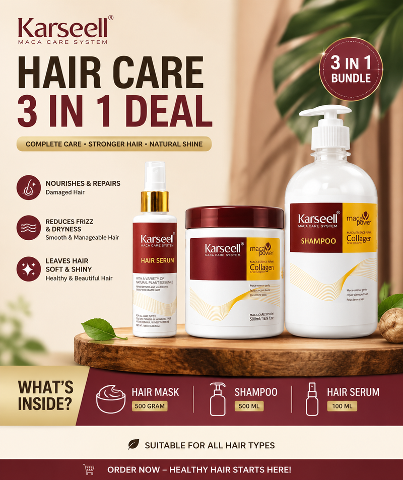 Karseell Maca Collagen Hair Care 3 in 1 Deal – Hair Mask 500g + Shampoo 500ml + Hair Serum 100ml | Professional Hair Repair Bundle for Dry, Damaged & Frizzy Hair