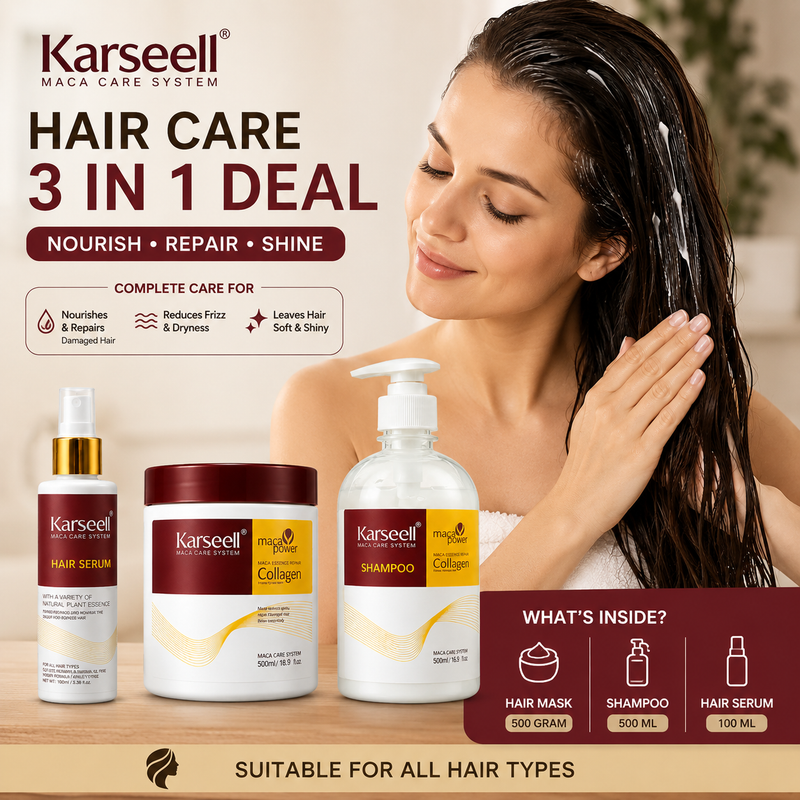 Karseell Maca Collagen Hair Care 3 in 1 Deal – Hair Mask 500g + Shampoo 500ml + Hair Serum 100ml | Professional Hair Repair Bundle for Dry, Damaged & Frizzy Hair