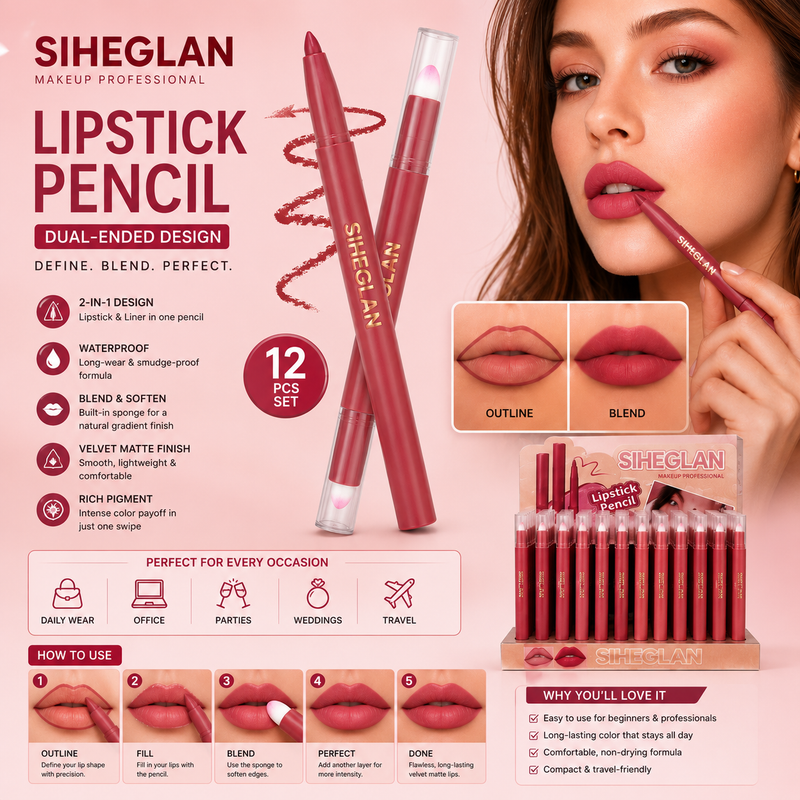 SIHEGLAN 2-in-1 Lip Liner & Lipstick Pencil Set 12PCS | Waterproof Velvet Matte Long-Lasting Lip Makeup with Blending Sponge