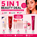 5-in-1 Complete Beauty Kit – Flicka Silk Touch Primer, FV Foundation, 8-Piece Mini Makeup Brush Set, Cream Blush & Rhode Raspberry Jelly Lip Tint
