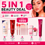 5-in-1 Complete Beauty Kit – Flicka Silk Touch Primer, FV Foundation, 8-Piece Mini Makeup Brush Set, Cream Blush & Rhode Raspberry Jelly Lip Tint