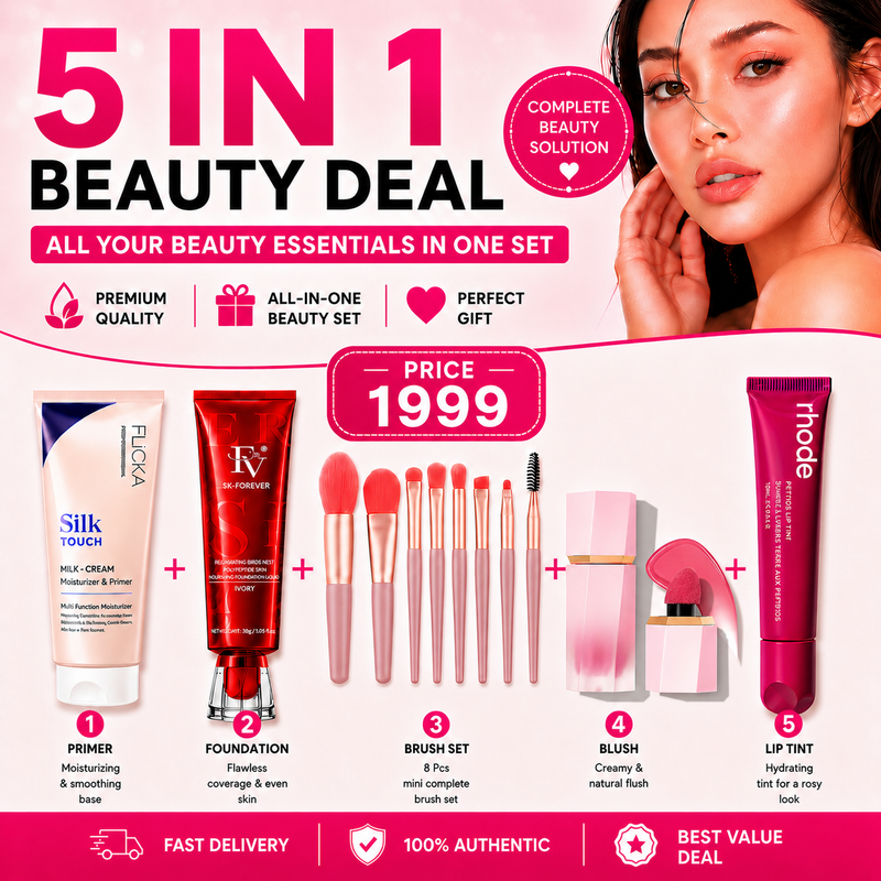 5-in-1 Complete Beauty Kit – Flicka Silk Touch Primer, FV Foundation, 8-Piece Mini Makeup Brush Set, Cream Blush & Rhode Raspberry Jelly Lip Tint