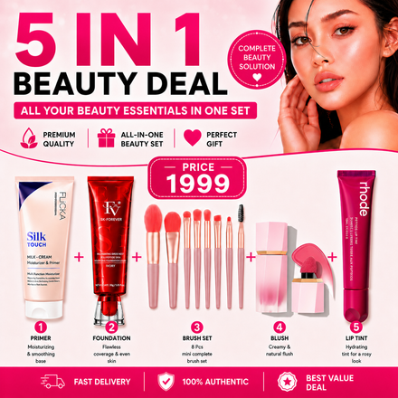 5-in-1 Complete Beauty Kit – Flicka Silk Touch Primer, FV Foundation, 8-Piece Mini Makeup Brush Set, Cream Blush & Rhode Raspberry Jelly Lip Tint