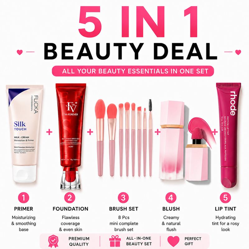 5-in-1 Complete Beauty Kit – Flicka Silk Touch Primer, FV Foundation, 8-Piece Mini Makeup Brush Set, Cream Blush & Rhode Raspberry Jelly Lip Tint
