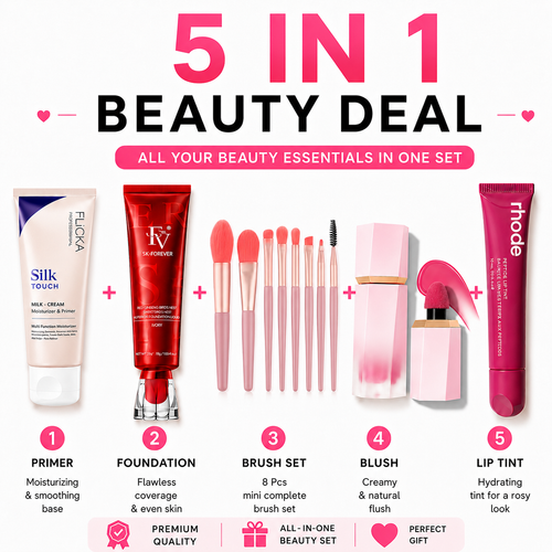 5-in-1 Complete Beauty Kit – Flicka Silk Touch Primer, FV Foundation, 8-Piece Mini Makeup Brush Set, Cream Blush & Rhode Raspberry Jelly Lip Tint