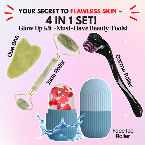 4 in 1 Glow Kit – Jade Roller, Gua Sha, Derma Roller & Face Ice Roller
