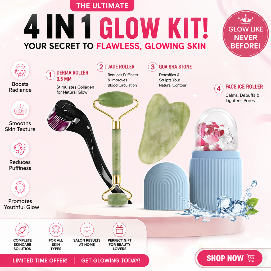 4 in 1 Glow Kit – Jade Roller, Gua Sha, Derma Roller & Face Ice Roller