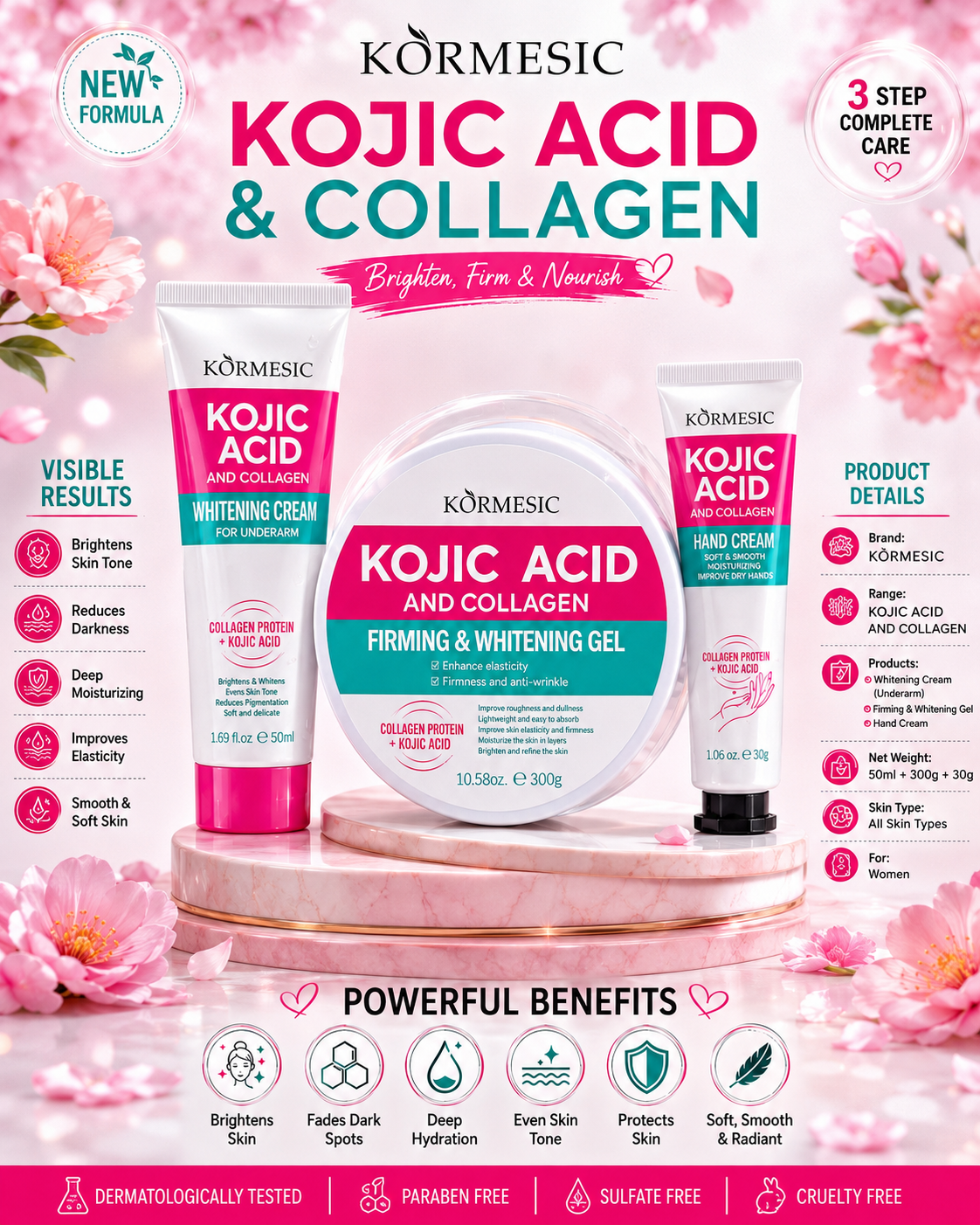 KORMESIC Kojic Acid Deal Set – Hand Cream, Whitening Cream & Whitening Gel