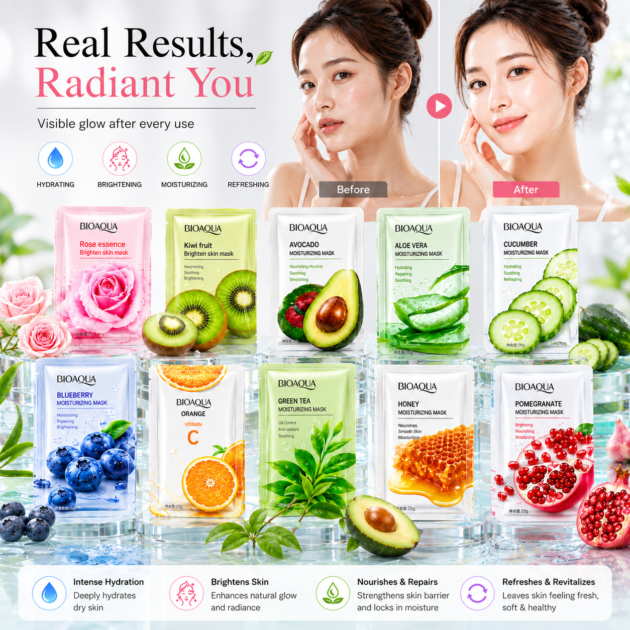 Pack Of 30/15/10/5/3 Hydrating & Brightening Face Sheet Mask