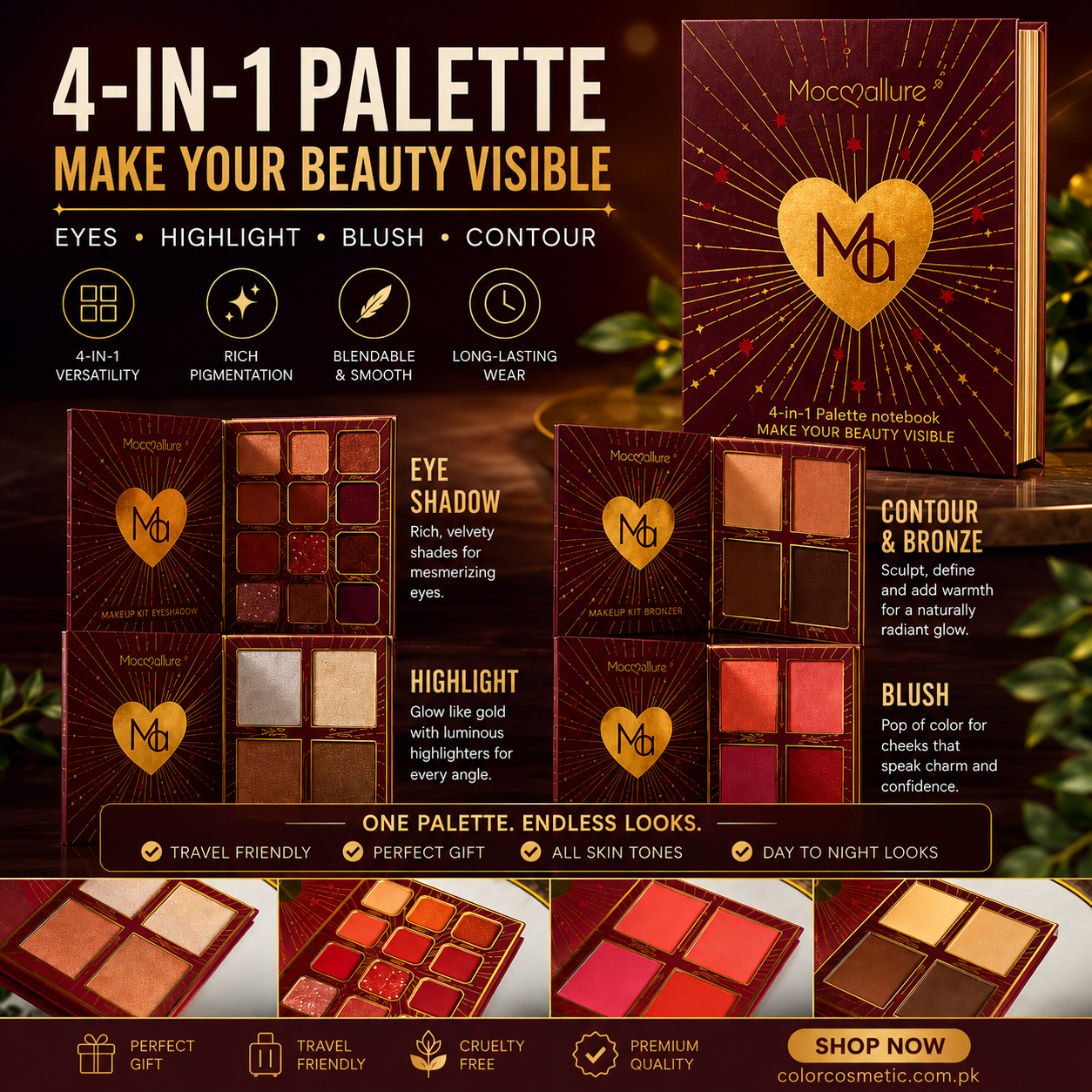 Mocallure 4-in-1 Makeup Palette Notebook – Eyeshadow, Blush, Highlight & Contour