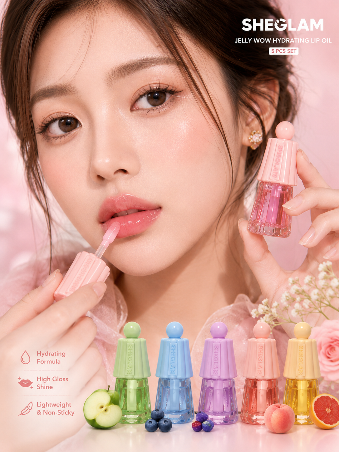 SHEGLAM Jelly Wow Hydrating Lip Oil 5PCS Set – Glossy Lip Gloss